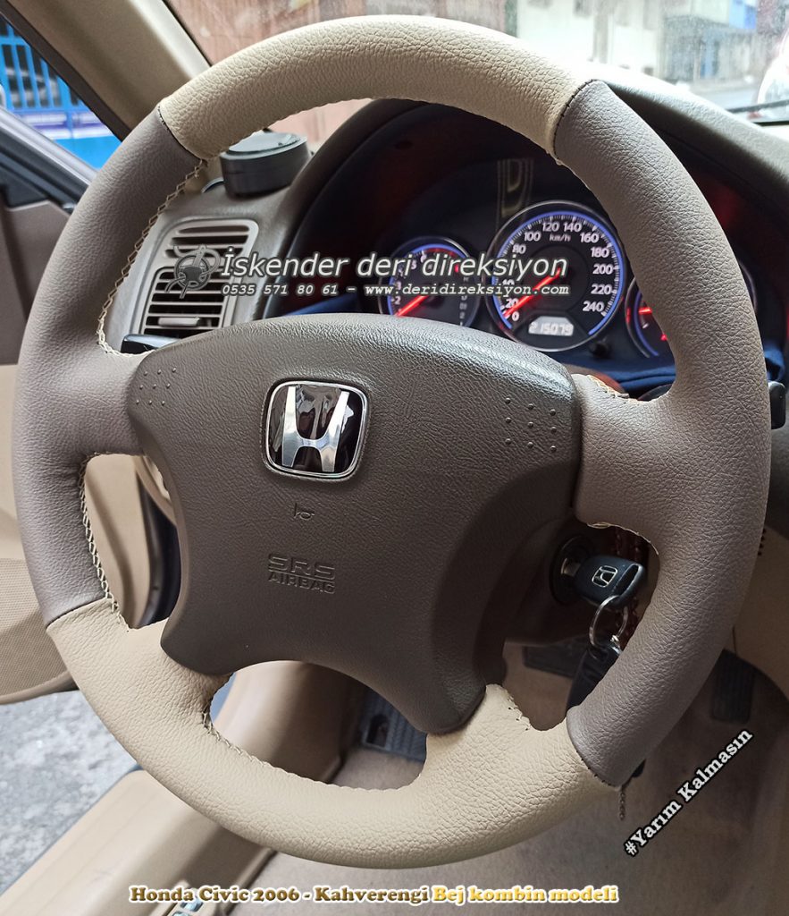 Honda Civic Vtec 2 - Kahverengi Bej kombin spor deri direksiyon kaplama (1)